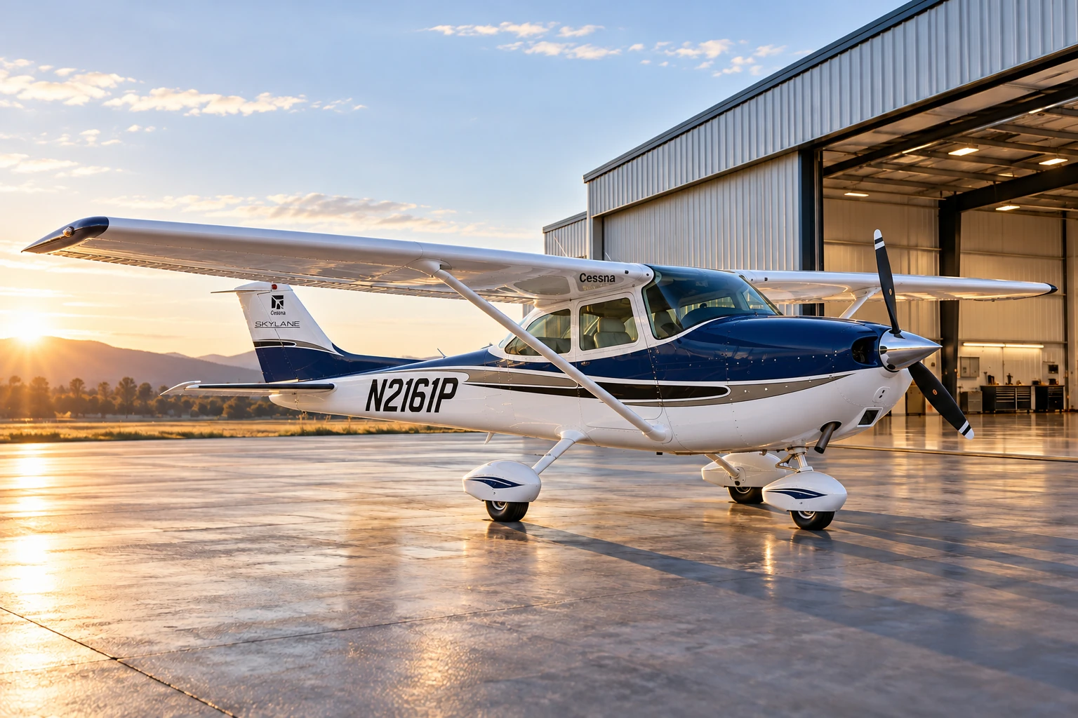 Illustrative Cessna Skylane N2161P outside a hangar, matching the supplied aircraft artwork