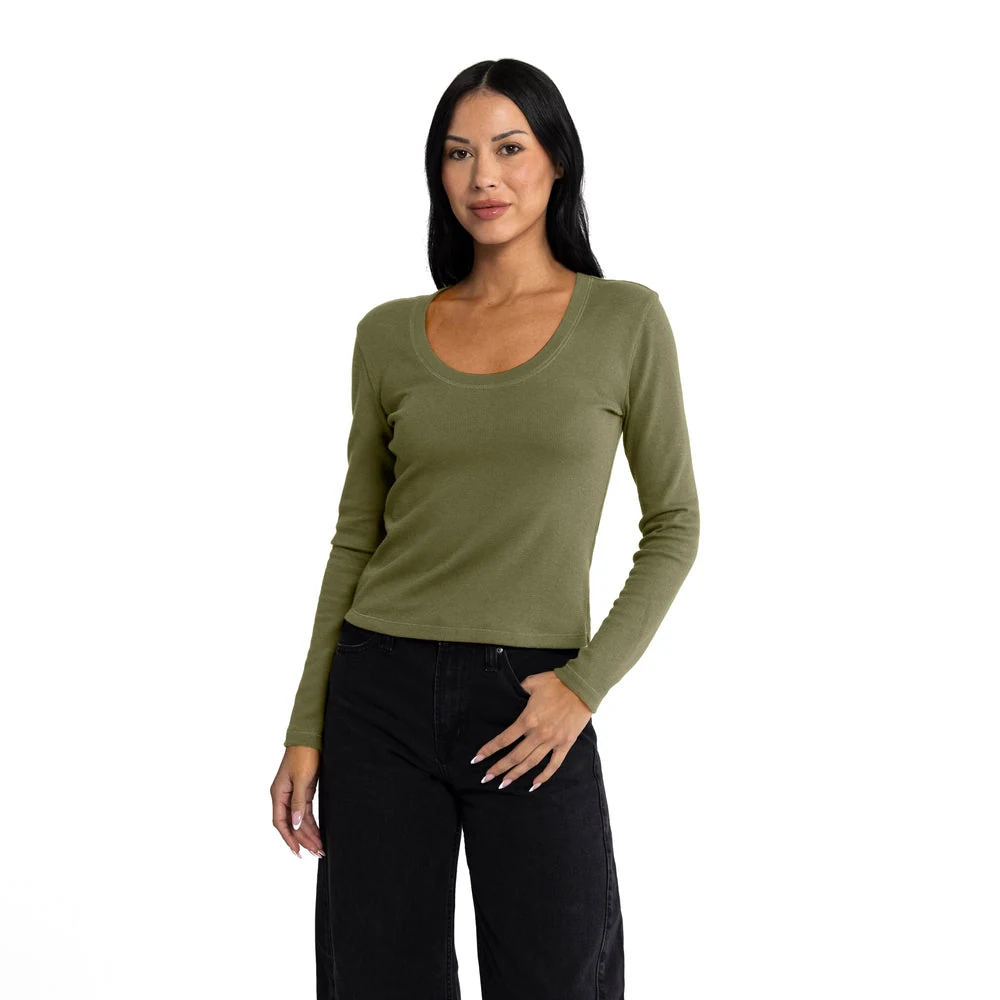 Next Level 8212 Women's Fitted Crop Thermal Long Sleeve · Military Green · model front · Garment reference