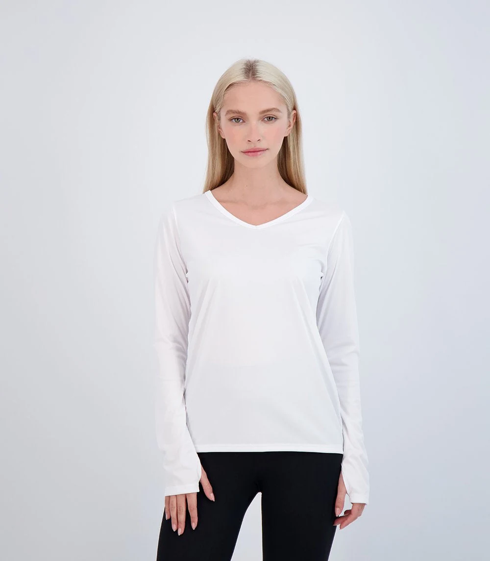 Denali 58127 Women's Bonita Long Sleeve V-Neck · White · front · Garment reference