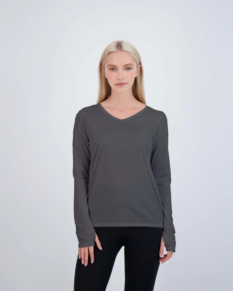 Denali 58127 Women's Bonita Long Sleeve V-Neck · Smoke · front · Garment reference