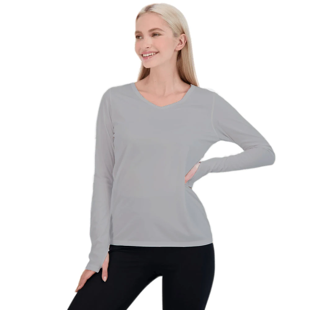 Denali 58127 Women's Bonita Long Sleeve V-Neck · Light Grey · front · Garment reference
