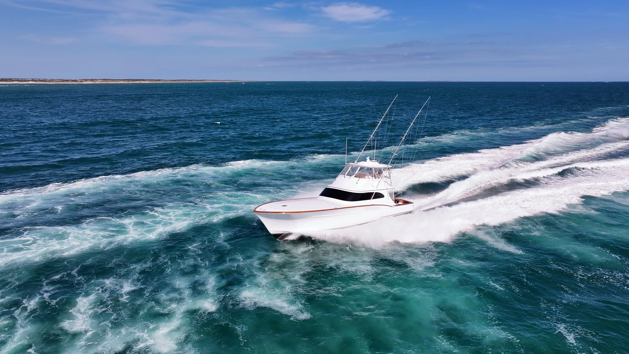 Supplied drone photograph of a sportfishing yacht running offshore