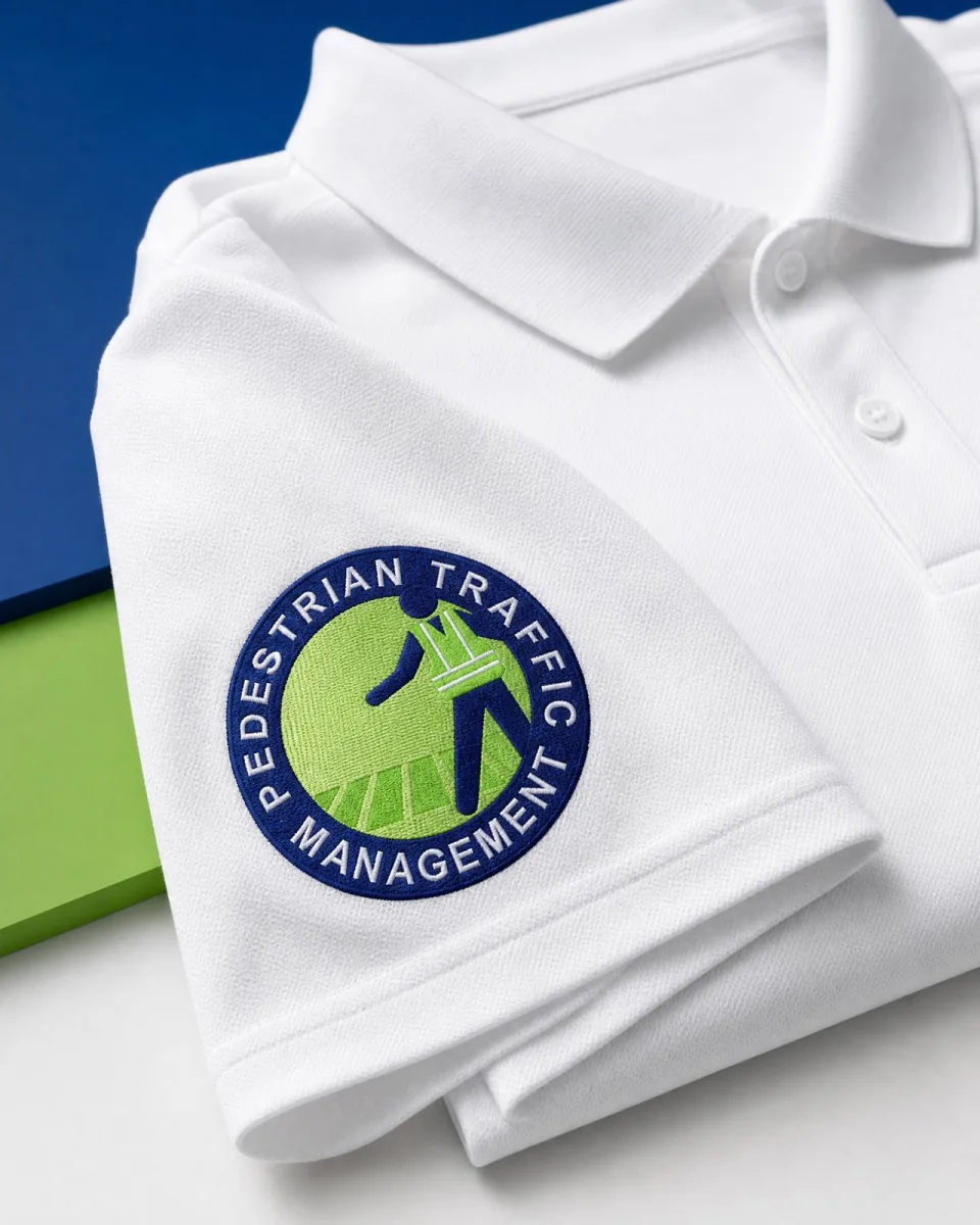 Actual company embroidery on a white polo