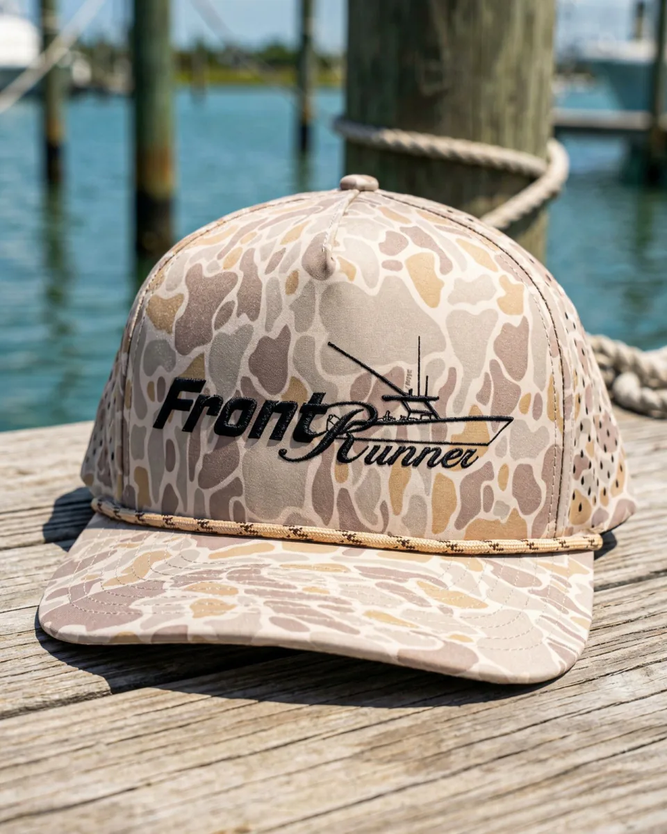 Supplied patterned embroidered cap on the dock