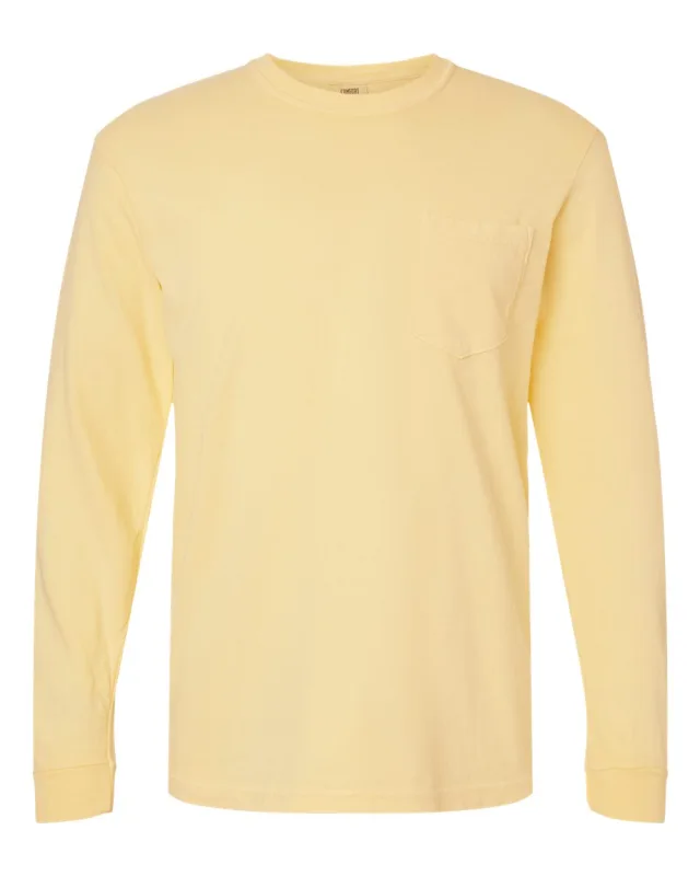 4410 Unisex Garment-Dyed Heavyweight Long Sleeve Pocket T-Shirt · Butter · front · Garment reference