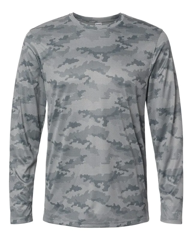 217 Unisex Pompano Performance Camo Long Sleeve T-Shirt · Medium Grey · front · Garment reference