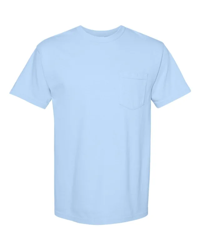6030 Unisex Garment-Dyed Heavyweight Pocket T-Shirt · Hydrangea · front · Garment reference