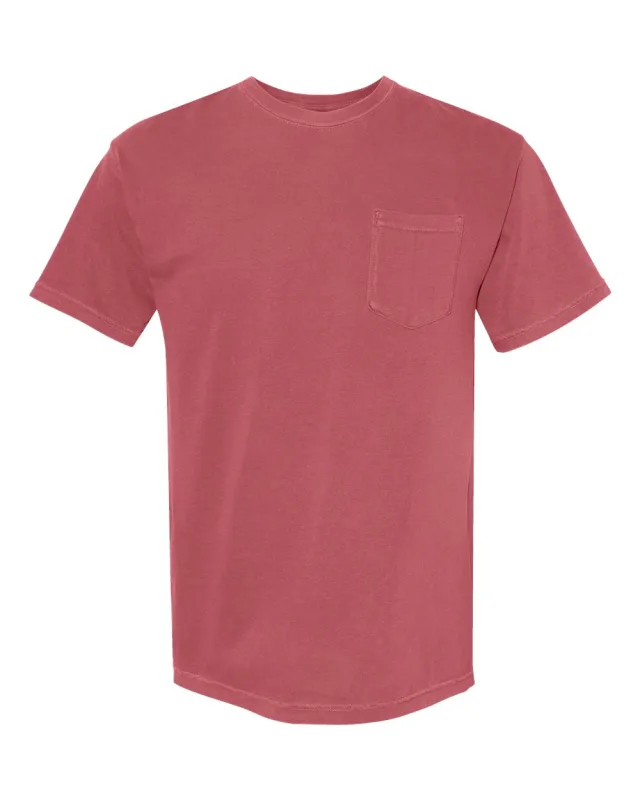 6030 Unisex Garment-Dyed Heavyweight Pocket T-Shirt · Crimson · front · Garment reference