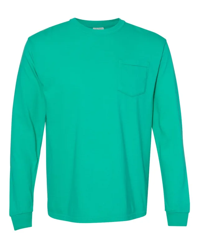 4410 Unisex Garment-Dyed Heavyweight Long Sleeve Pocket T-Shirt · Island Green · front · Garment reference