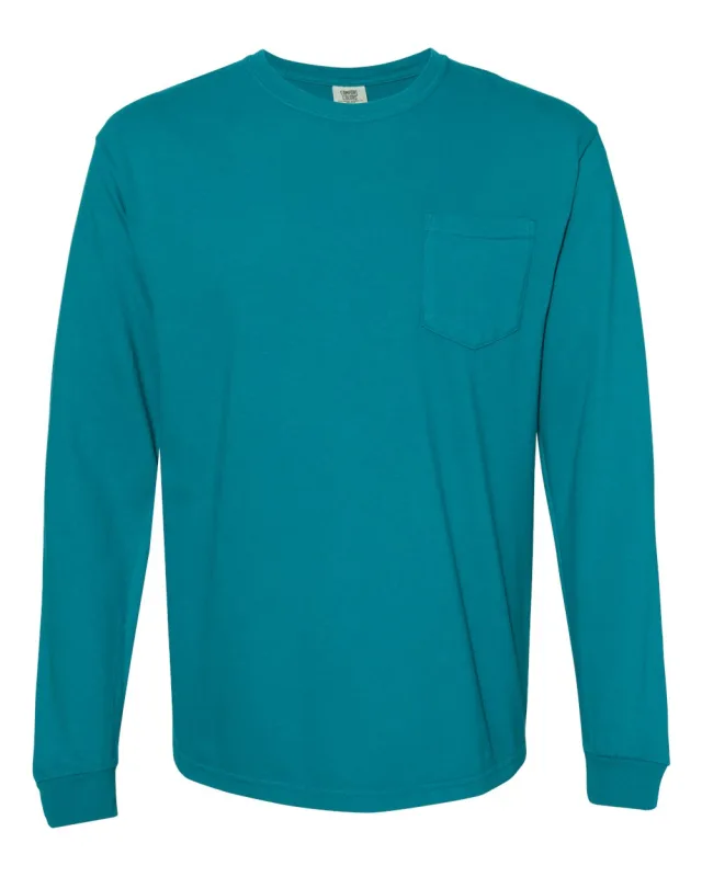 4410 Unisex Garment-Dyed Heavyweight Long Sleeve Pocket T-Shirt · Topaz Blue · front · Garment reference