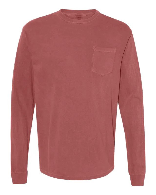 4410 Unisex Garment-Dyed Heavyweight Long Sleeve Pocket T-Shirt · Brick · front · Garment reference