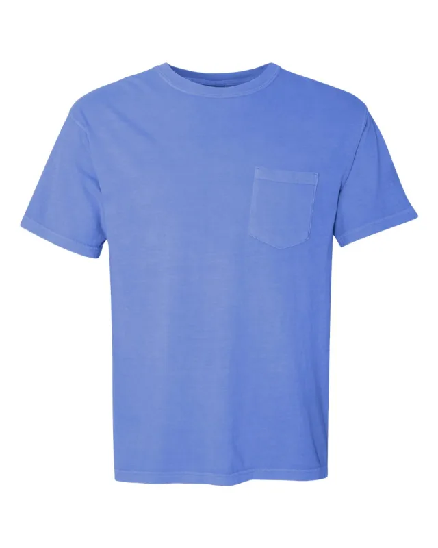 6030 Unisex Garment-Dyed Heavyweight Pocket T-Shirt · Flo Blue · front · Garment reference