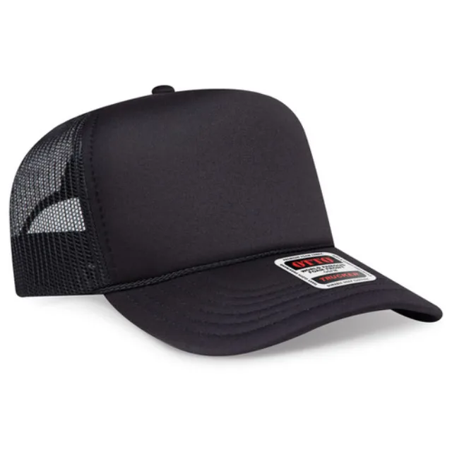 OTTO CAP® 5 Panel High Crown Mesh Back Trucker Hat · Black · front · Garment reference