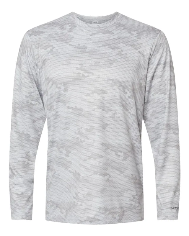 217 Unisex Pompano Performance Camo Long Sleeve T-Shirt · Aluminum · front · Garment reference