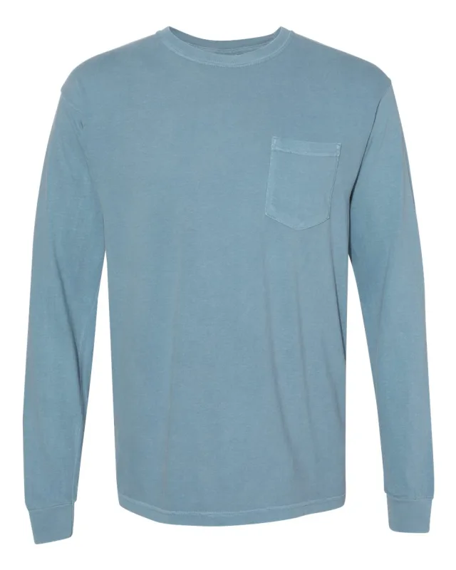 4410 Unisex Garment-Dyed Heavyweight Long Sleeve Pocket T-Shirt · Ice Blue · front · Garment reference