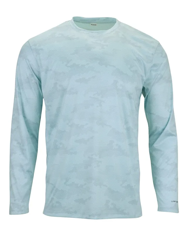 217 Unisex Pompano Performance Camo Long Sleeve T-Shirt · Aqua Blue · front · Garment reference