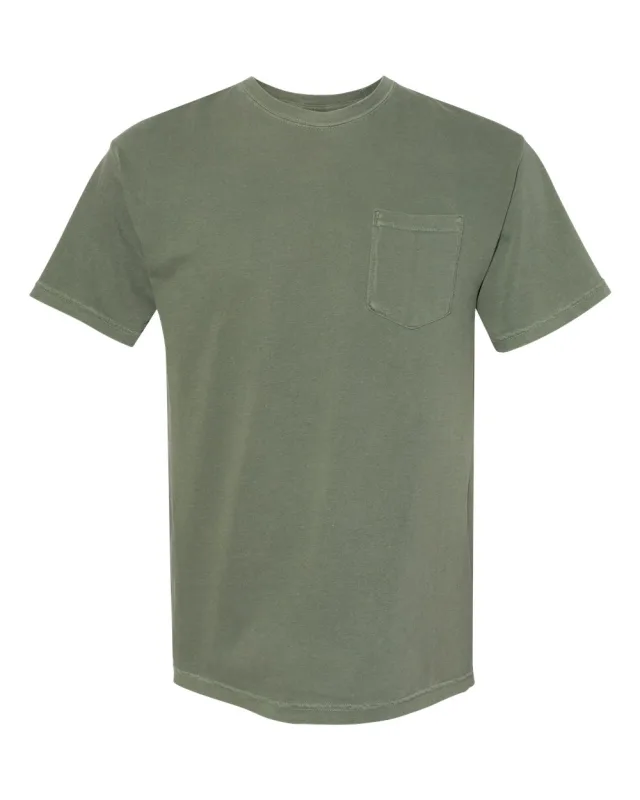 6030 Unisex Garment-Dyed Heavyweight Pocket T-Shirt · Moss · front · Garment reference