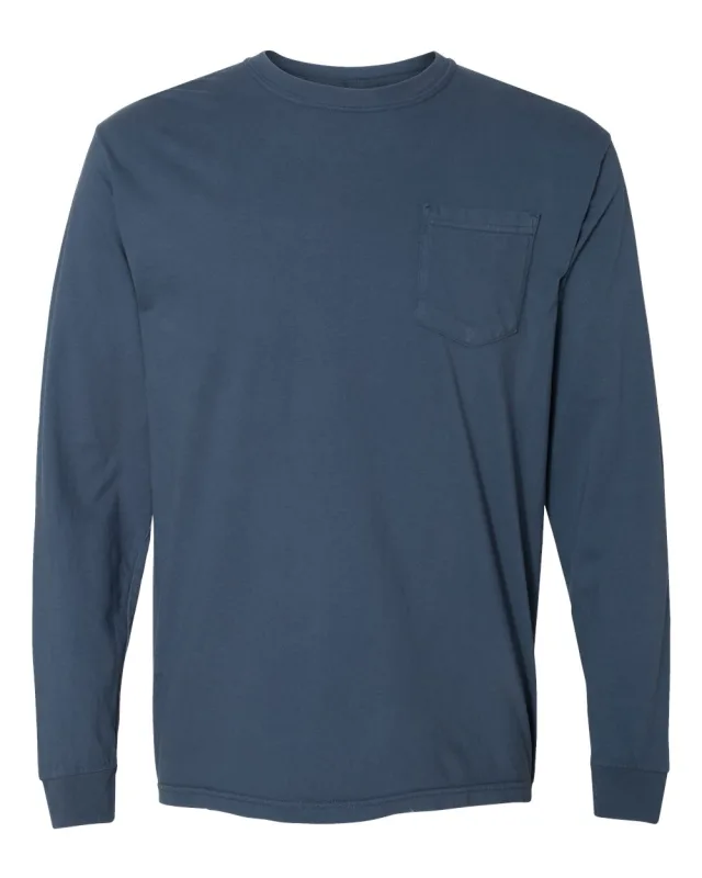 4410 Unisex Garment-Dyed Heavyweight Long Sleeve Pocket T-Shirt · Midnight · front · Garment reference