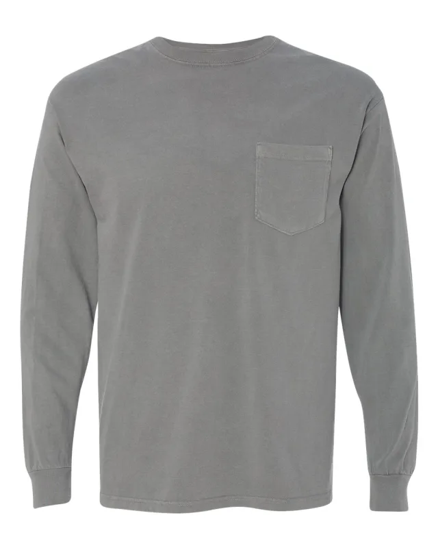 4410 Unisex Garment-Dyed Heavyweight Long Sleeve Pocket T-Shirt · Grey · front · Garment reference