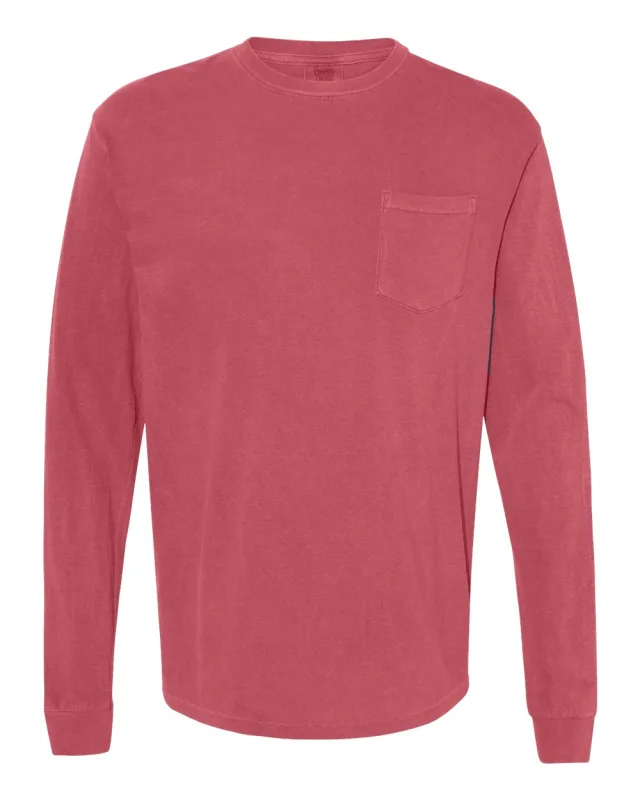 4410 Unisex Garment-Dyed Heavyweight Long Sleeve Pocket T-Shirt · Crimson · front · Garment reference