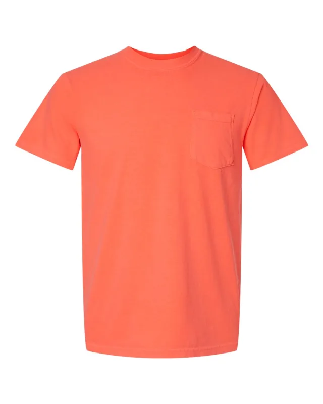 6030 Unisex Garment-Dyed Heavyweight Pocket T-Shirt · Neon Red Orange · front · Garment reference