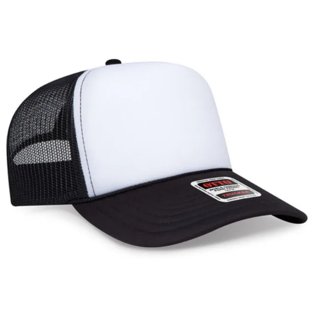 OTTO CAP® 5 Panel High Crown Mesh Back Trucker Hat · Black/White/Black · front · Garment reference