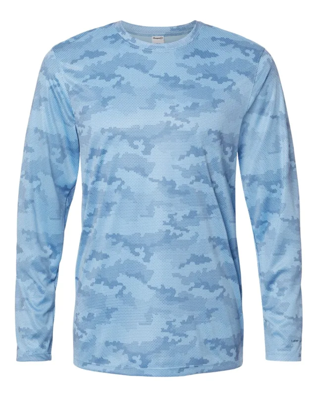 217 Unisex Pompano Performance Camo Long Sleeve T-Shirt · Blue Mist · front · Garment reference