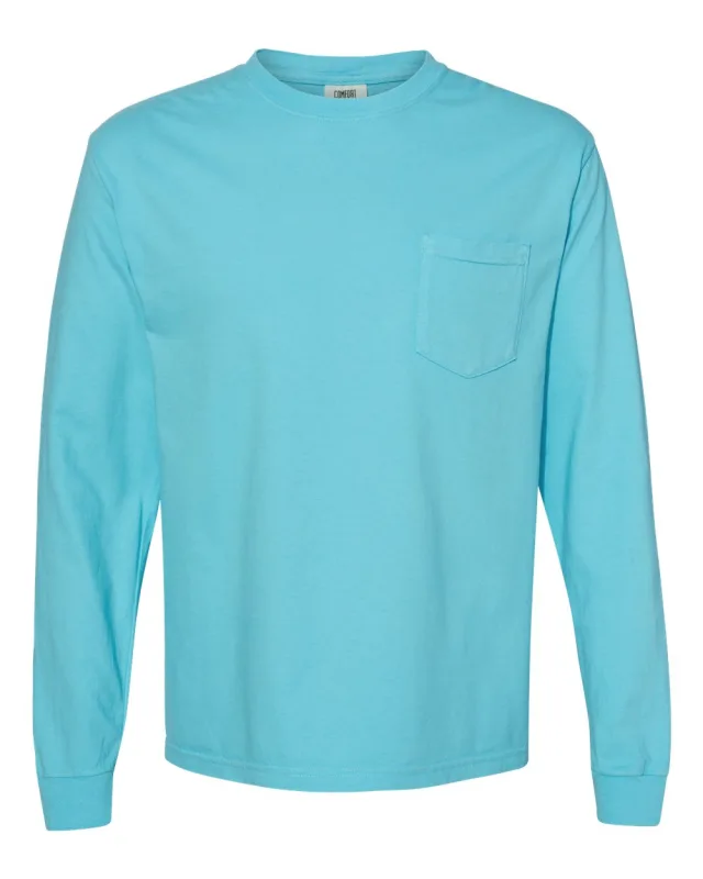 4410 Unisex Garment-Dyed Heavyweight Long Sleeve Pocket T-Shirt · Lagoon · front · Garment reference