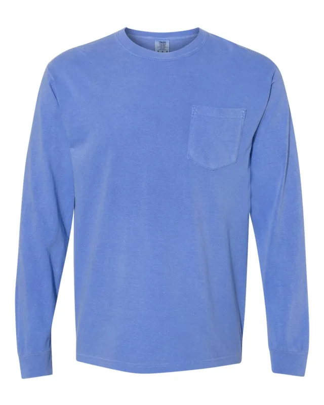 4410 Unisex Garment-Dyed Heavyweight Long Sleeve Pocket T-Shirt · Flo Blue · front · Garment reference
