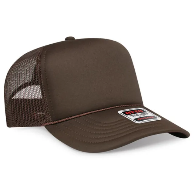 OTTO CAP® 5 Panel High Crown Mesh Back Trucker Hat · Brown · front · Garment reference