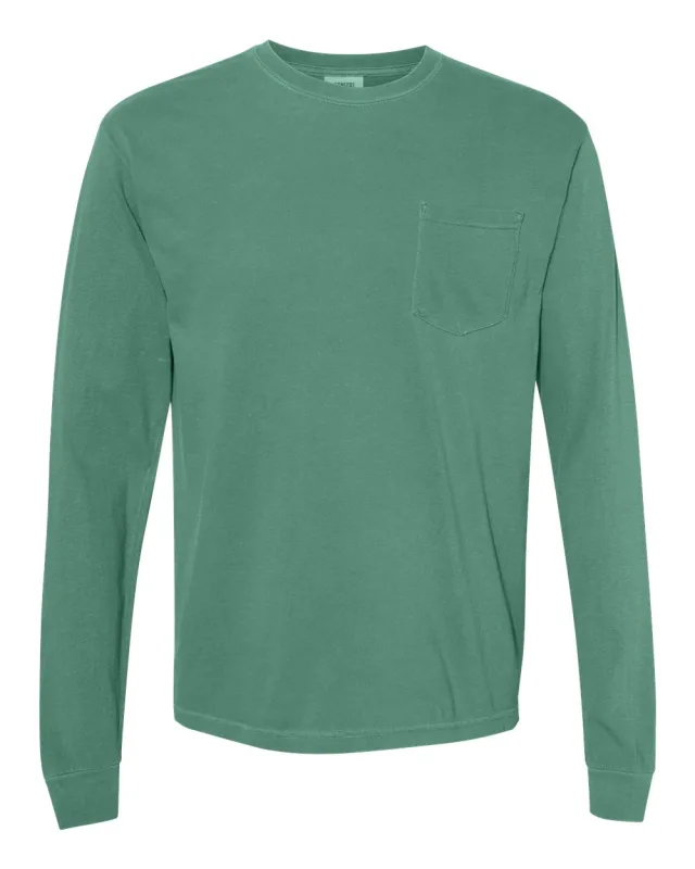 4410 Unisex Garment-Dyed Heavyweight Long Sleeve Pocket T-Shirt · Light Green · front · Garment reference